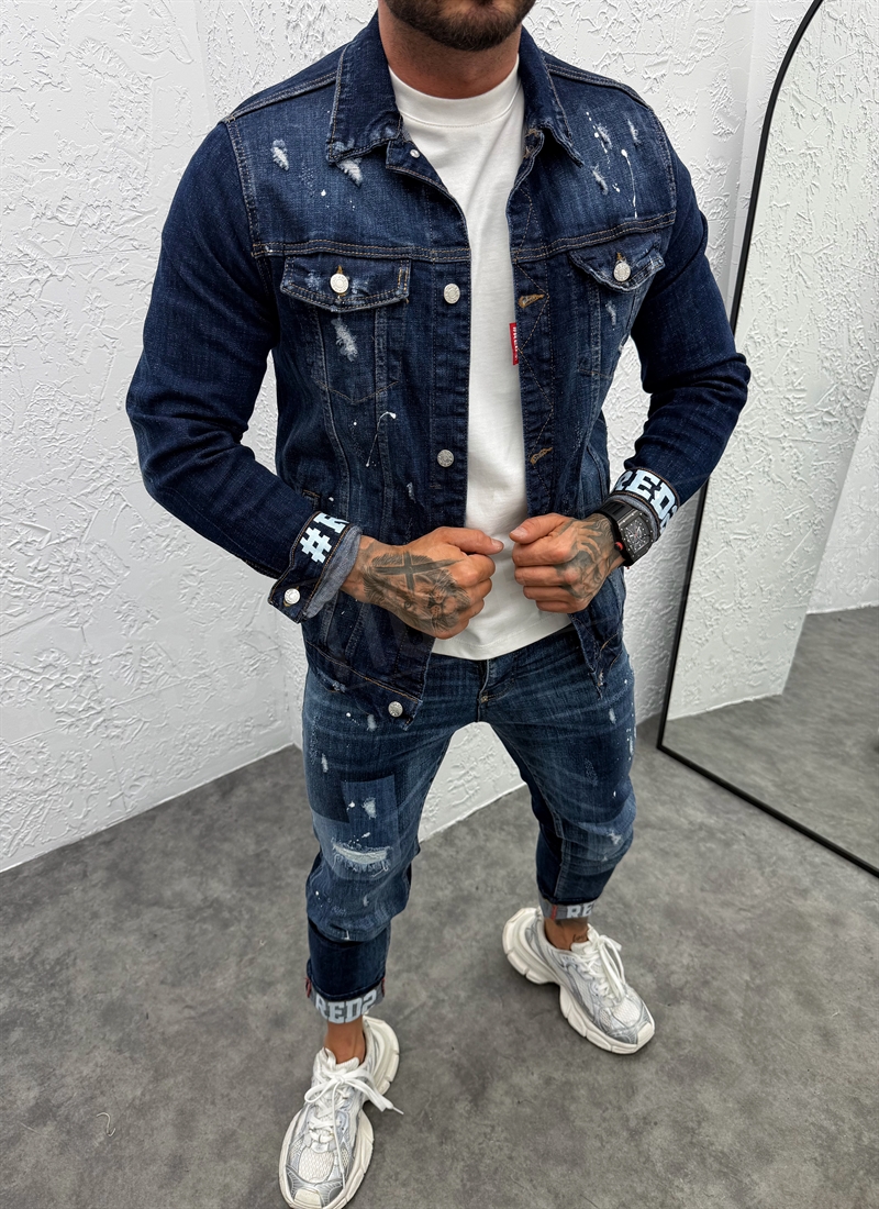 Geaca barbateasca denim albastru inchis cu aspect uzat si stropi albi D878-2