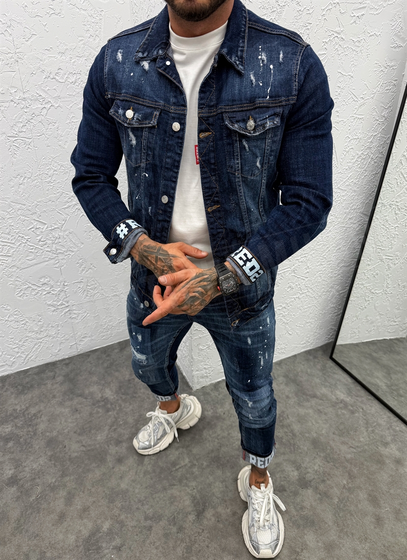 Geaca barbateasca denim albastru inchis cu aspect uzat si stropi albi D878-2