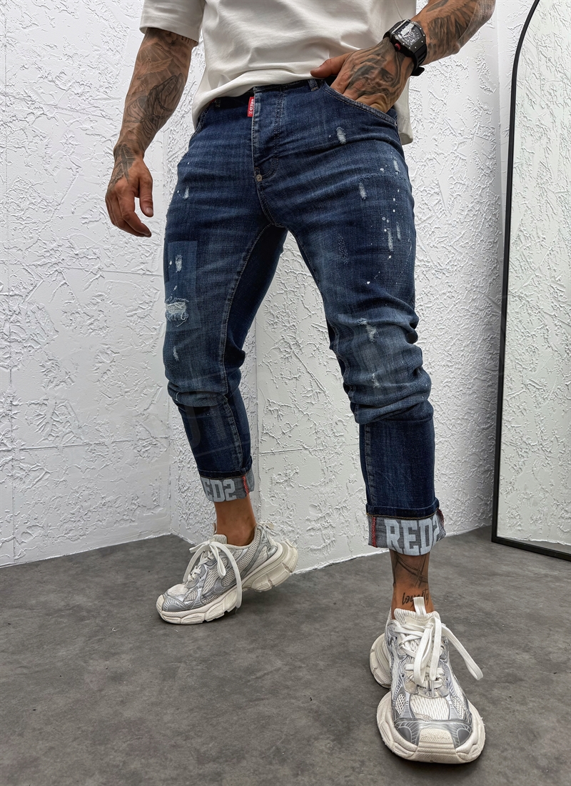 Set barbatesc denim albastru inchis cu stropi albi L878-2