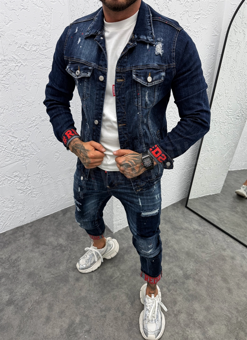 Set barbatesc denim albastru inchis cu stropi rosii L878-3