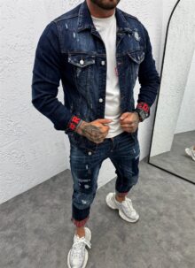 Geaca barbateasca denim albastru inchis cu aspect uzat si stropi rosii D878-3
