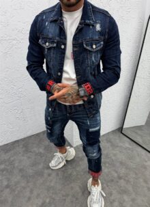 Geaca barbateasca denim albastru inchis cu aspect uzat si stropi rosii D878-3