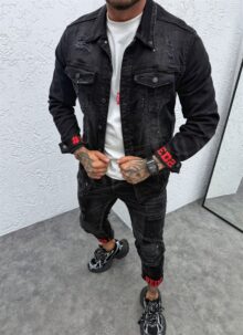 Set barbatesc denim negru cu stropi rosii L879-3