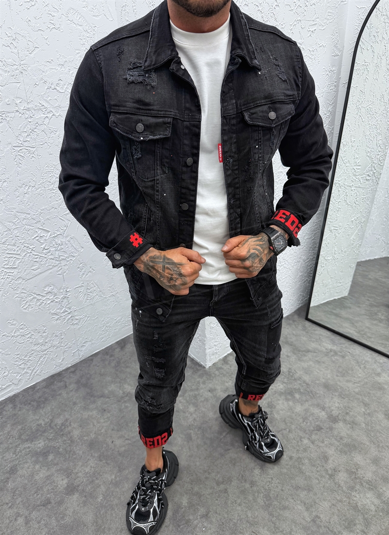 Geaca barbateasca denim negru cu aspect uzat si stropi rosii D879-3