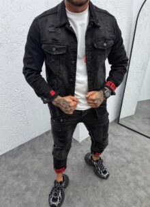 Set barbatesc denim negru cu stropi rosii L879-3