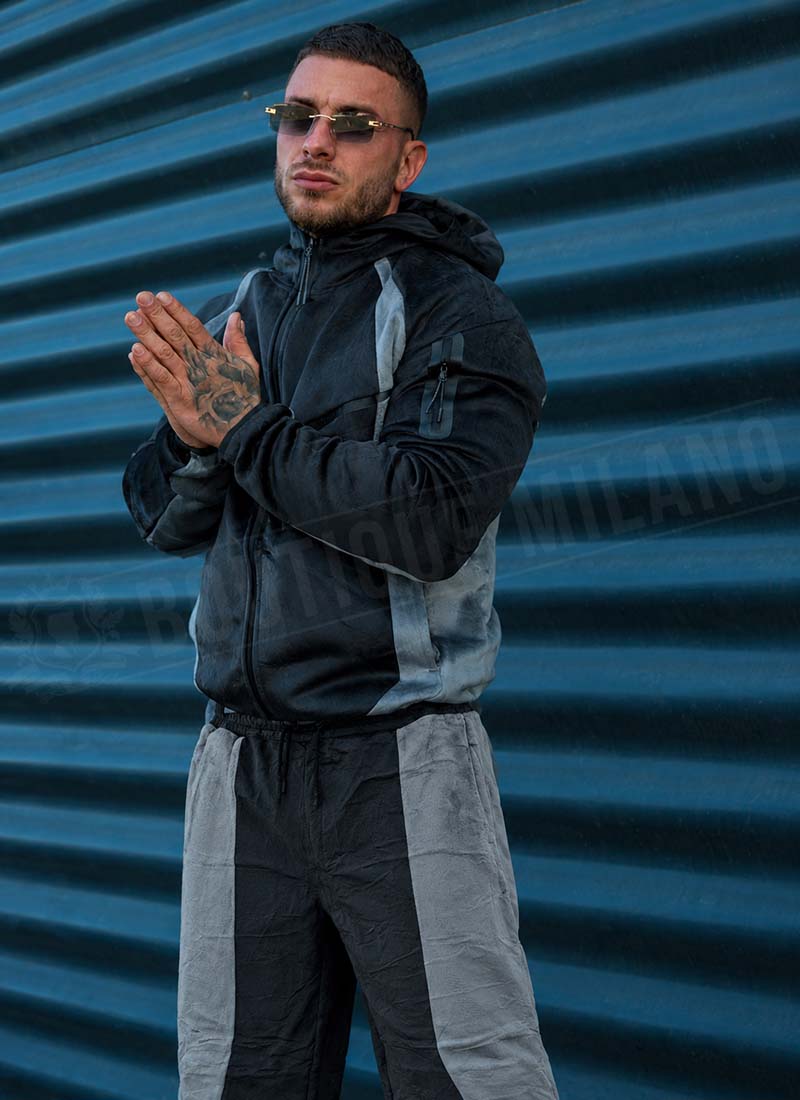 Trening barbatesc de plus „VELOUR TECH FLEECE” cu fermoar – negru / gri L2117-2
