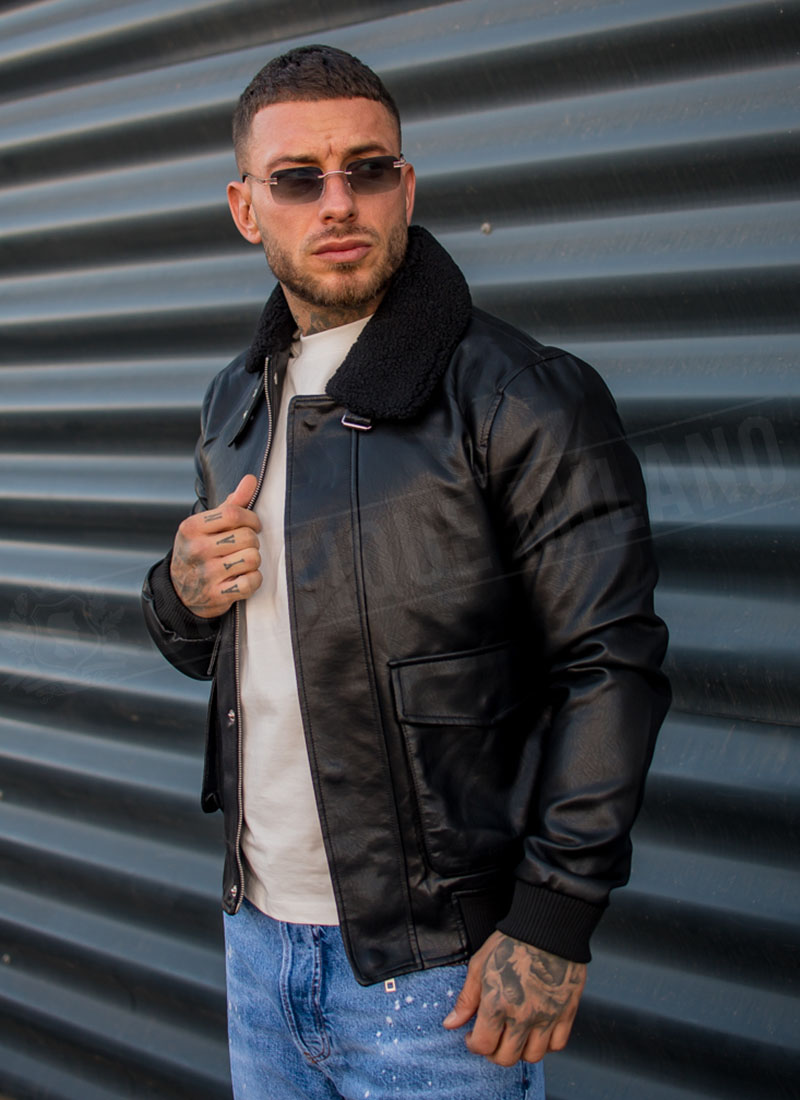 Geaca barbateasca din piele neagra cu guler K1906-1