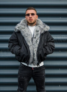 Geaca barbateasca neagra cu blana – „LUX FUR BOMBER” K20154-1