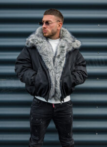 Geaca barbateasca neagra cu blana – „LUX FUR BOMBER” K20154-1