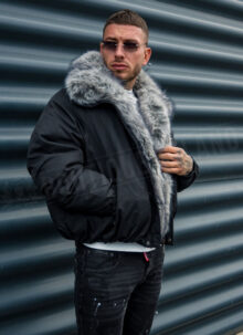 Geaca barbateasca neagra cu blana – „LUX FUR BOMBER” K20154-1
