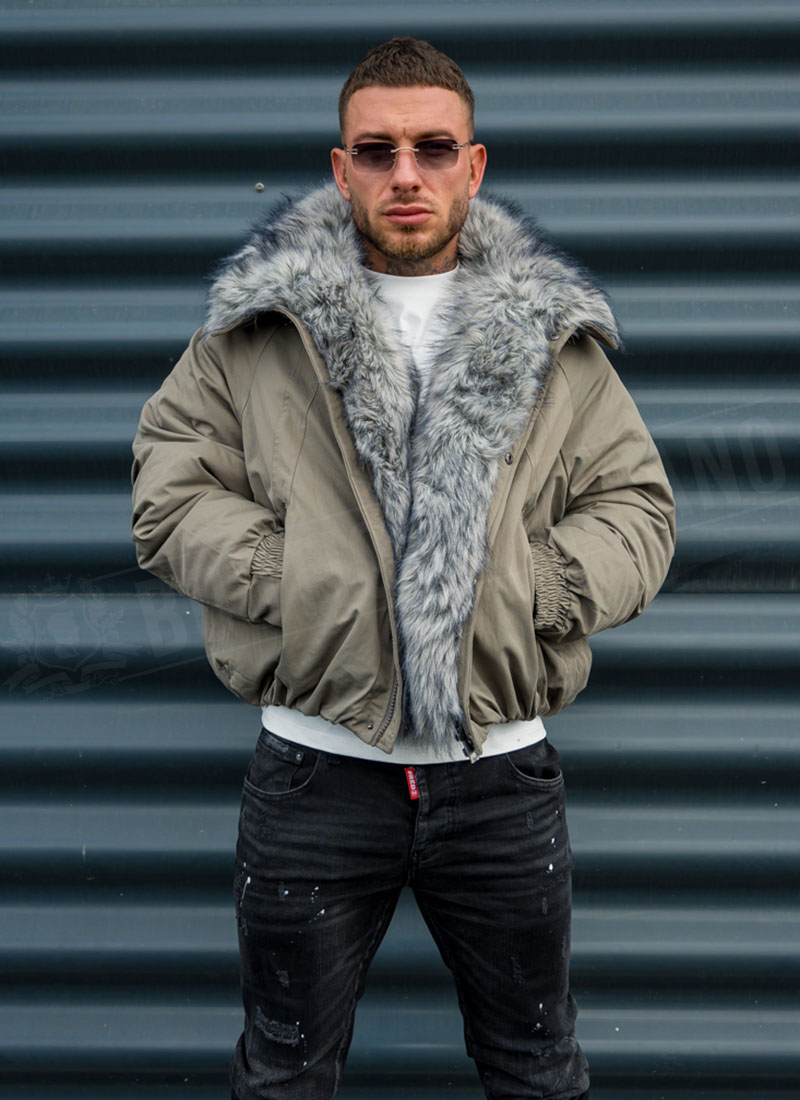 Geaca barbateasca bej cu blana – „LUX FUR BOMBER” K20154-2