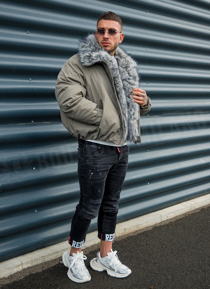 Geaca barbateasca bej cu blana – „LUX FUR BOMBER” K20154-2