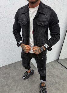 Set barbatesc denim negru cu stropi albi L879-2