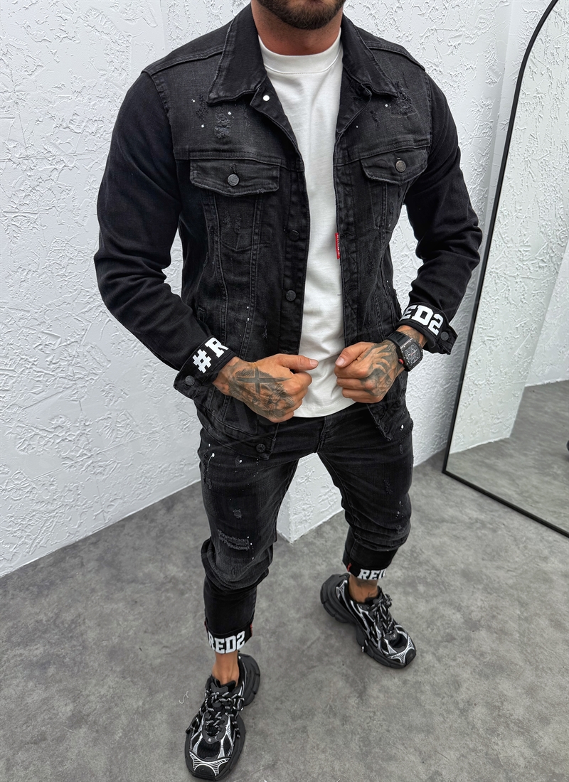 Geaca barbateasca denim negru cu aspect uzat si stropi albi D879-2