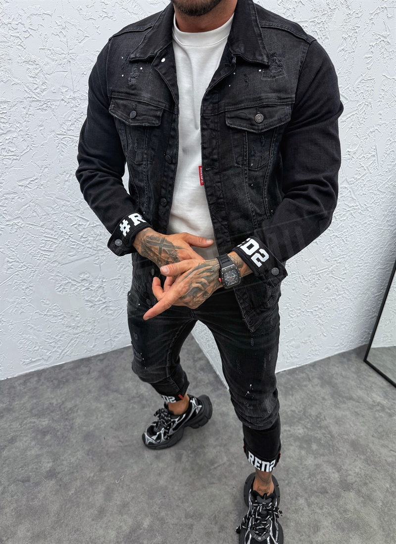 Geaca barbateasca denim negru cu aspect uzat si stropi albi D879-2