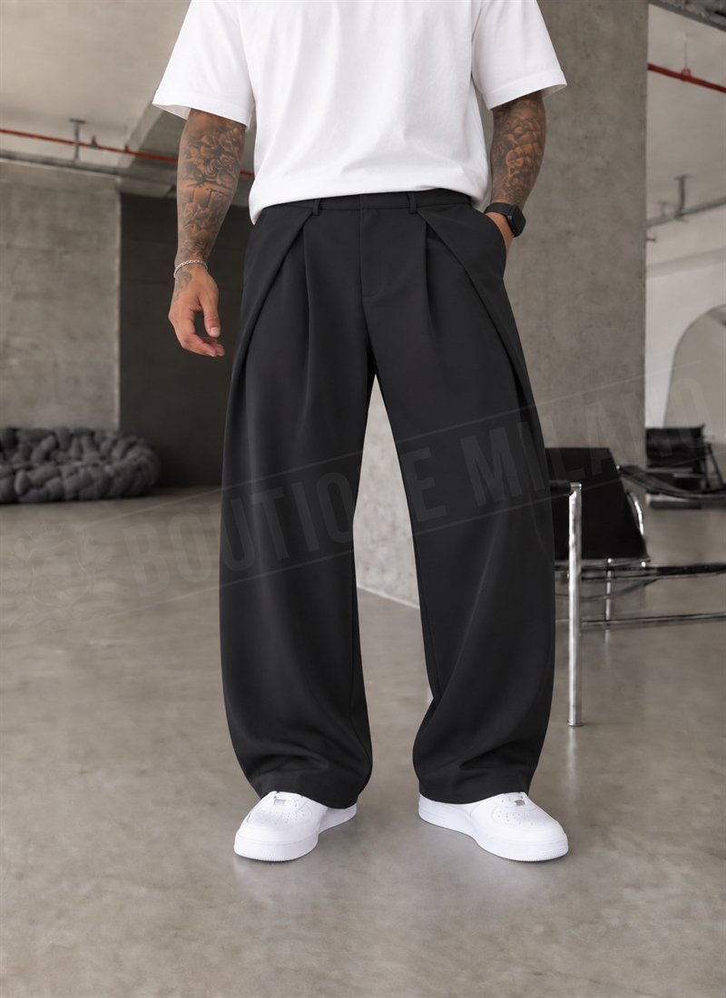 Pantaloni barbatesti negri „OVERSIZED PLEATED TROUSERS” P2690-1