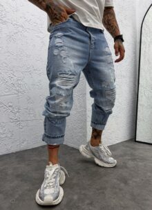 Blugi barbatesti „Boyfriend” bleu cu aspect uzat A1317
