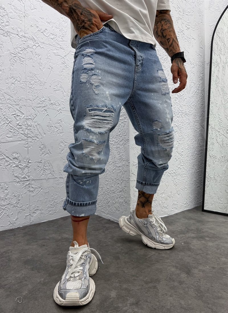 Blugi barbatesti „Boyfriend” bleu cu aspect uzat A1317