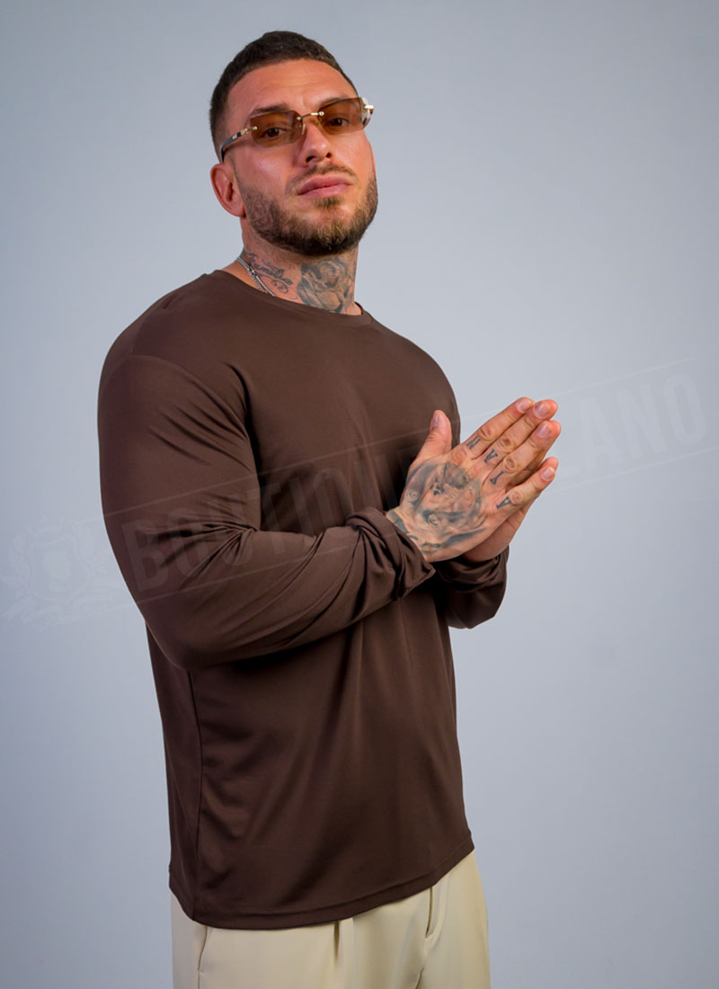 Bluza barbateasca usoara cu maneca lunga maro inchis B9468-3