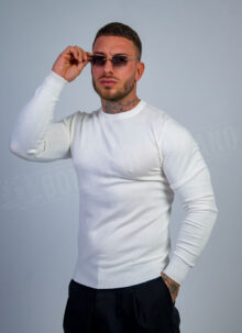 Pulover barbatesc din tricot fin alb B801-12