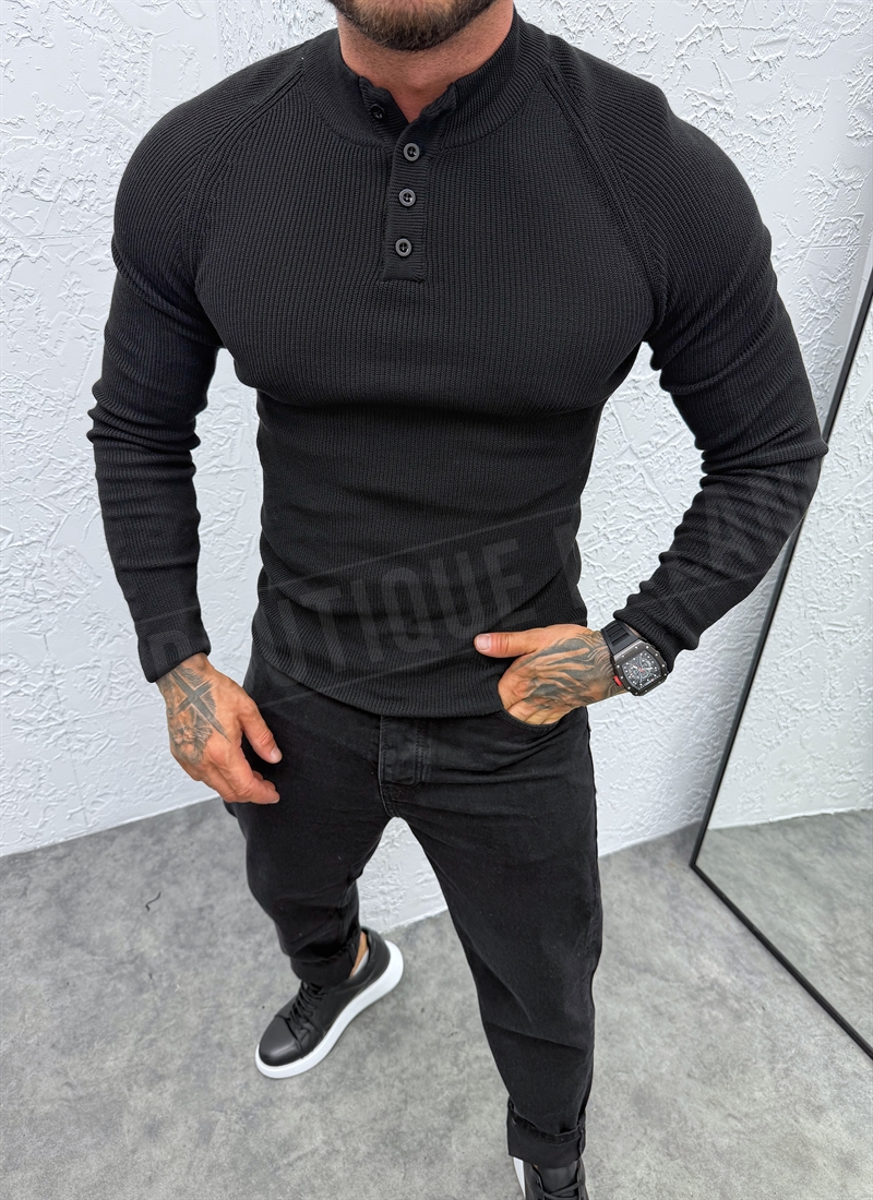 Pulover barbatesc negru cu nasturi si croiala cambrata B3468-1