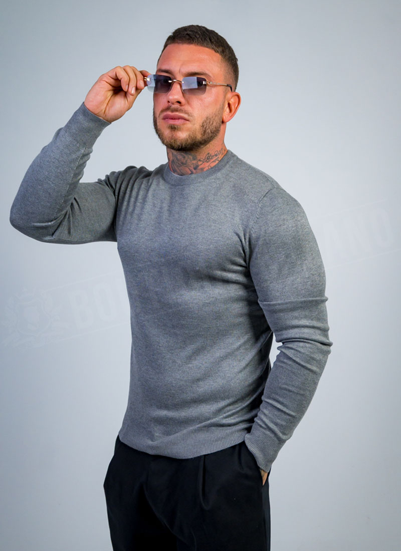 Pulover barbatesc din tricot fin gri B801-6