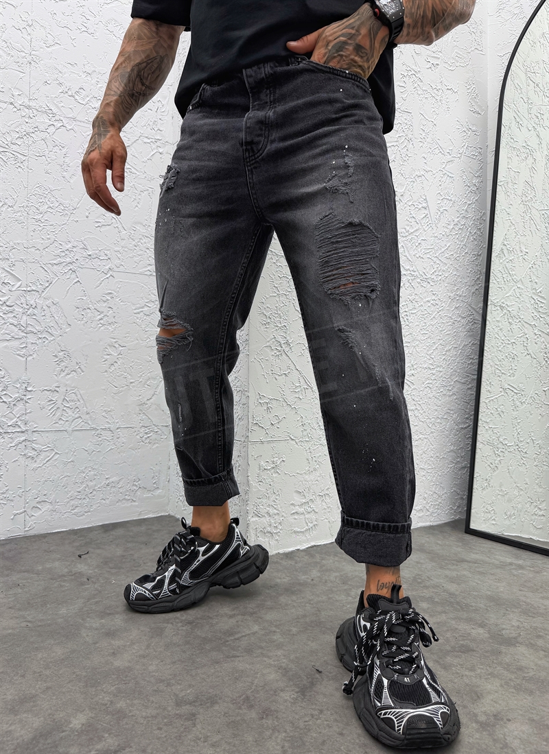 Blugi barbatesti negri rupti model „Vintage Wash Ripped Black” A1821