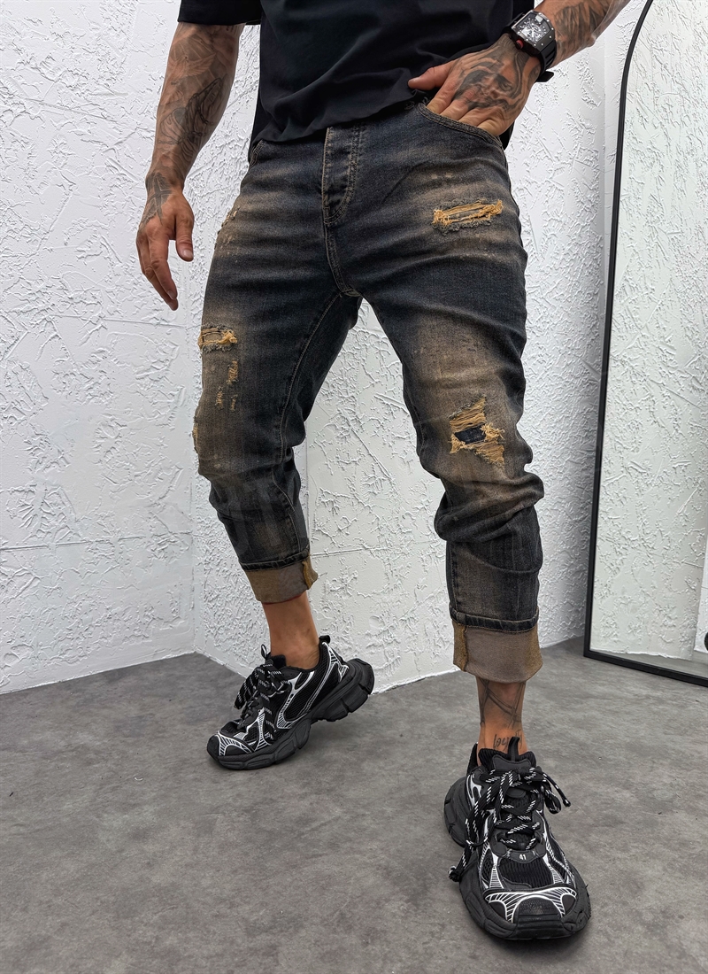 Blugi barbatesti albastru inchis cu aspect uzat si efect „Dirt Mud Wash” A8591