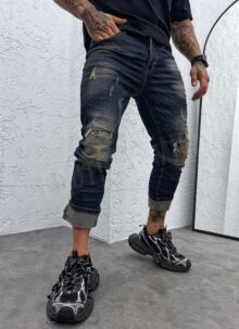 Blugi barbatesti albastru inchis cu aspect uzat si efect „dirty wash” A8651