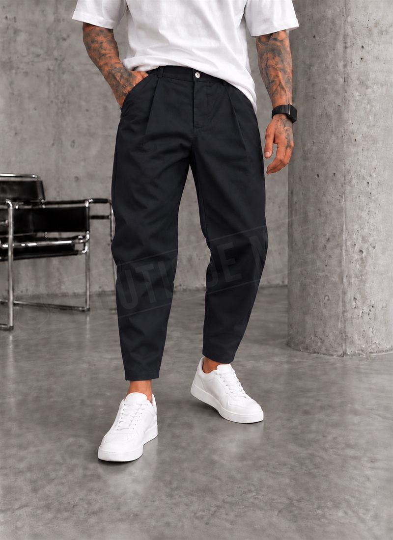 Pantaloni barbatesti smart-casual negri „SMART BLACK PLEATED” P19212-1