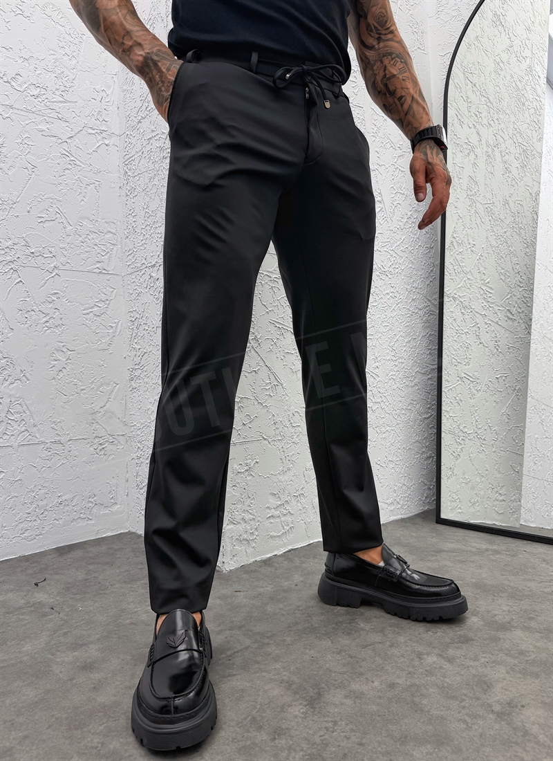 Pantaloni barbatesti negri smart-casual cu snur in talie P9417-1