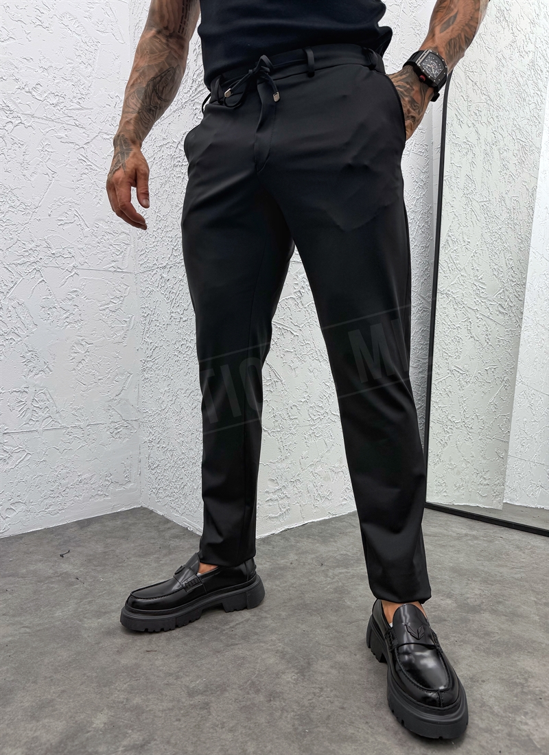 Pantaloni barbatesti negri smart-casual cu snur in talie P9417-1