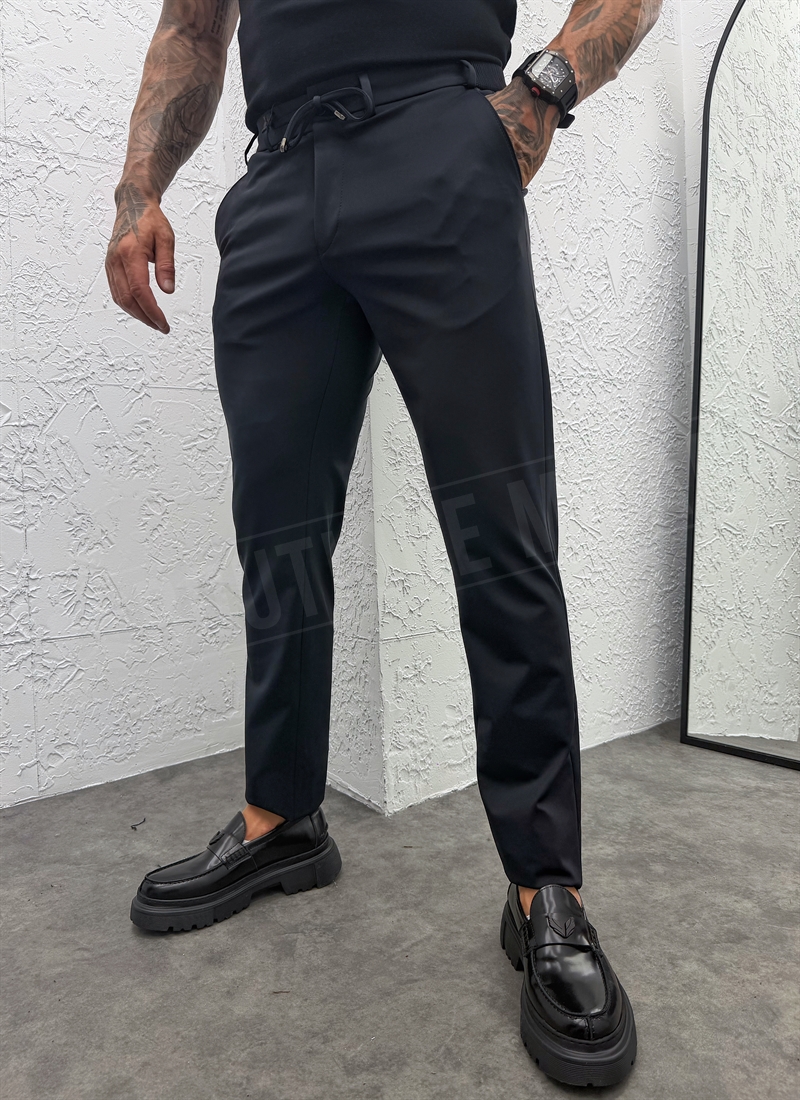 Pantaloni barbatesti albastri smart-casual cu snur in talie P9417-2