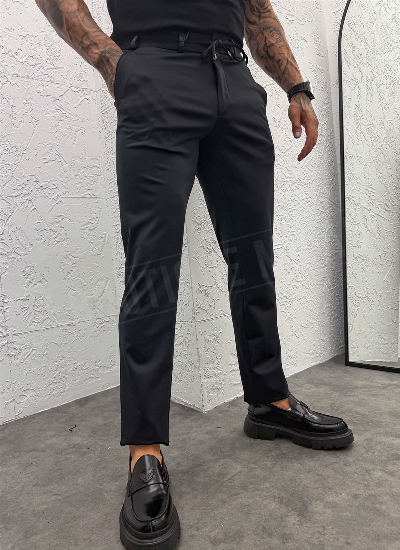 Pantaloni barbatesti albastri smart-casual cu snur in talie P9417-2