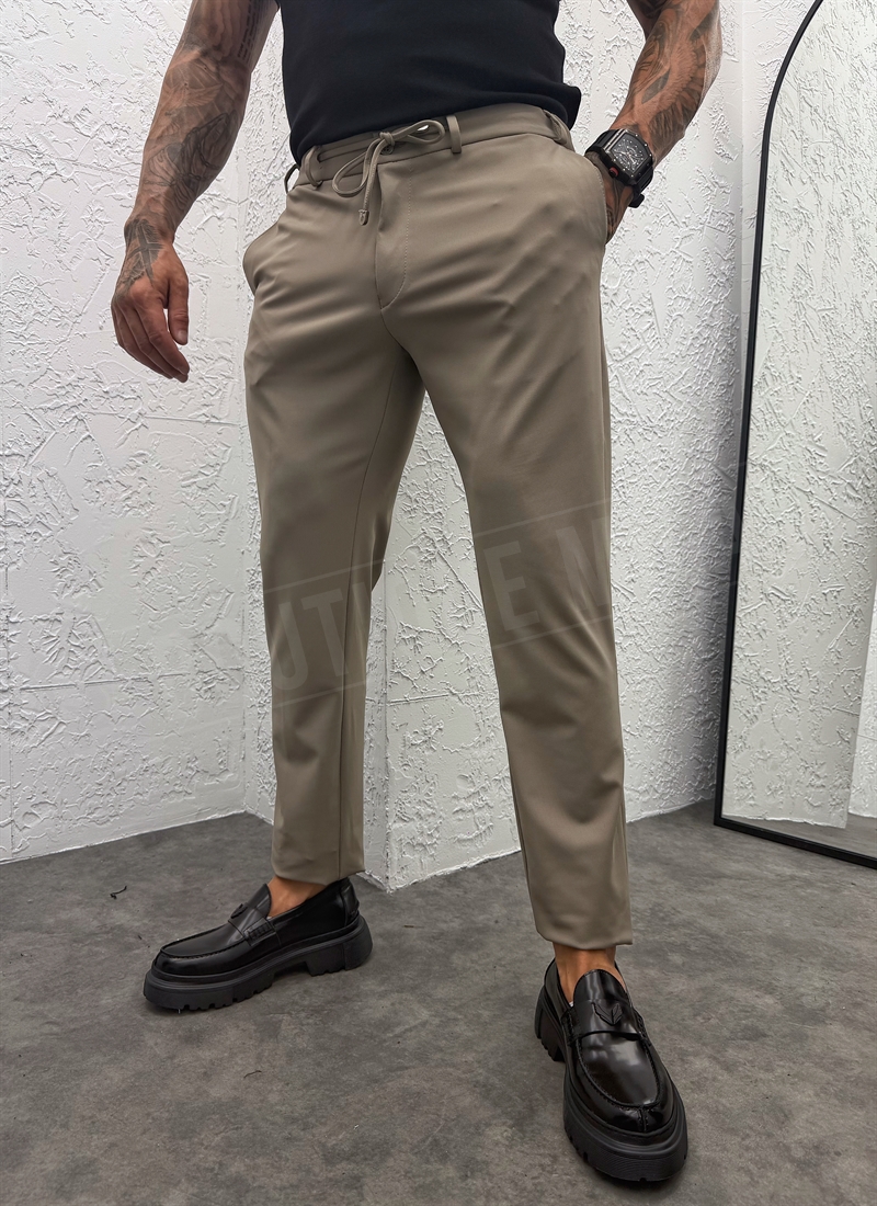 Pantaloni barbatesti greige smart-casual cu snur in talie P9417-6