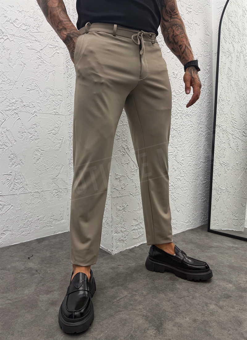 Pantaloni barbatesti greige smart-casual cu snur in talie P9417-6