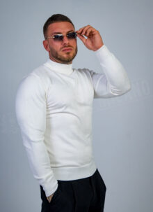 Pulover barbatesc din tricot fin alb cu guler ridicat B877-2