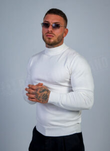 Pulover barbatesc din tricot fin alb cu guler ridicat B877-2