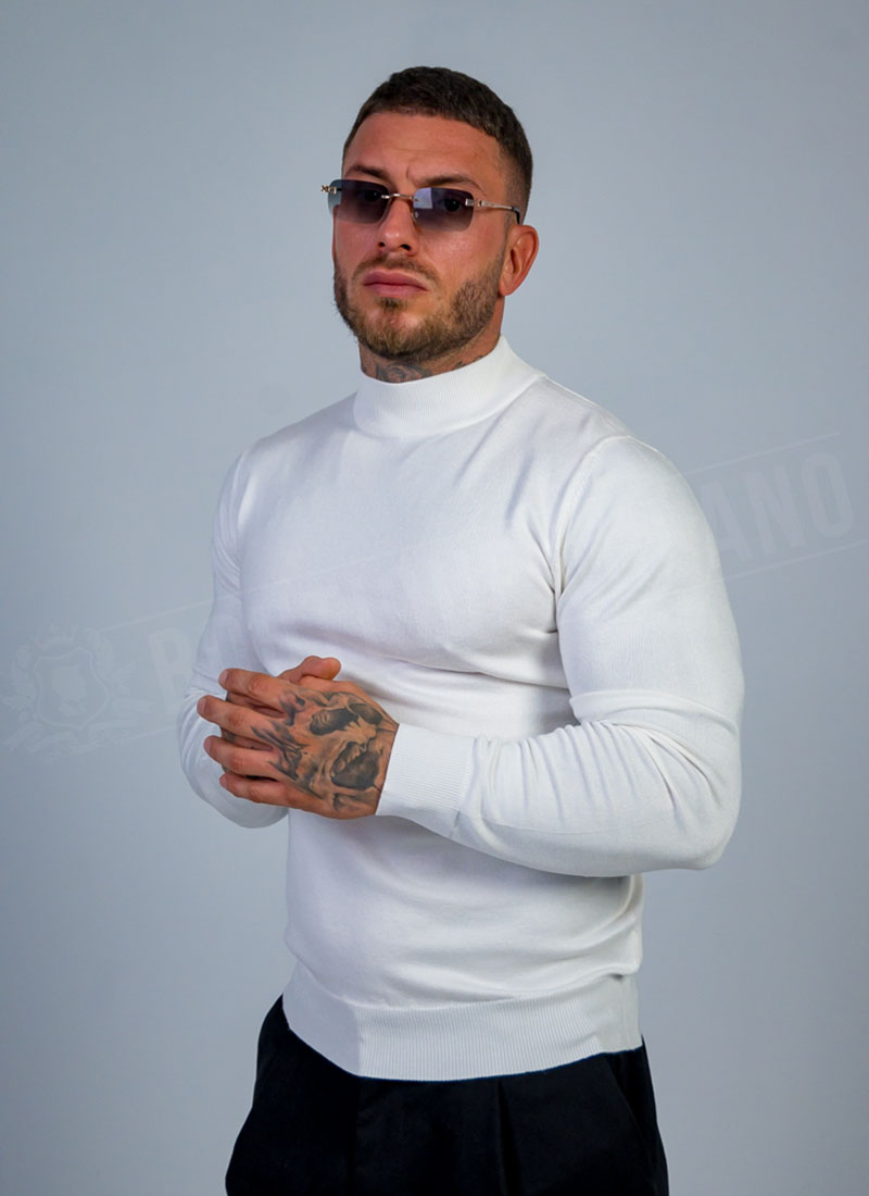 Pulover barbatesc din tricot fin alb cu guler ridicat B877-2
