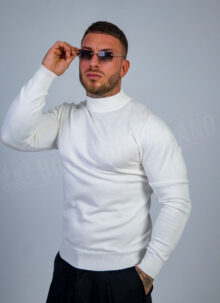 Pulover barbatesc din tricot fin alb cu guler ridicat B877-2