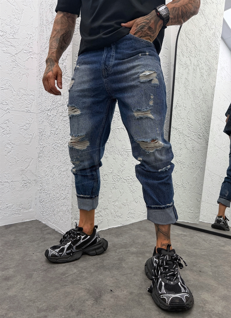 Blugi barbatesti albastri croiala „Boyfriend” si aspect uzat – „VINTAGE RIPPED BLUE” A1794