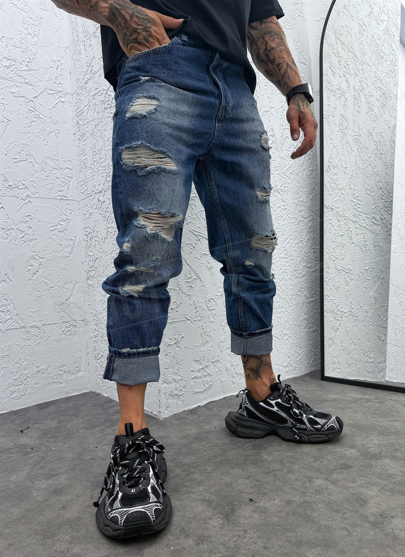 Blugi barbatesti albastri croiala „Boyfriend” si aspect uzat – „VINTAGE RIPPED BLUE” A1794