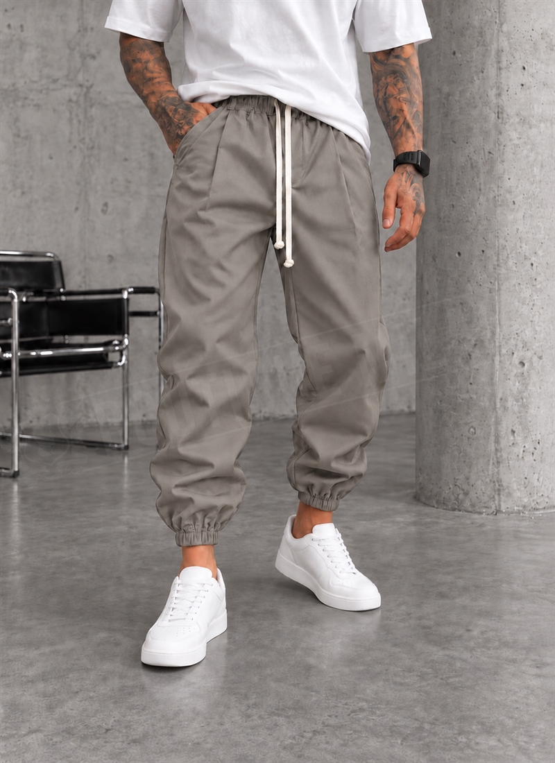 Pantaloni barbatesti sport gri cu talie elastica si snur P19209-4