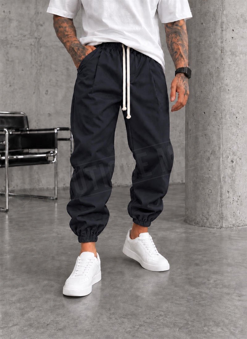 Pantaloni barbatesti sport negri cu talie elastica si snur P19209-1