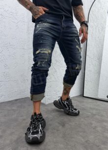 Blugi barbatesti albastru inchis cu aspect uzat si efect „dirty wash” A8615