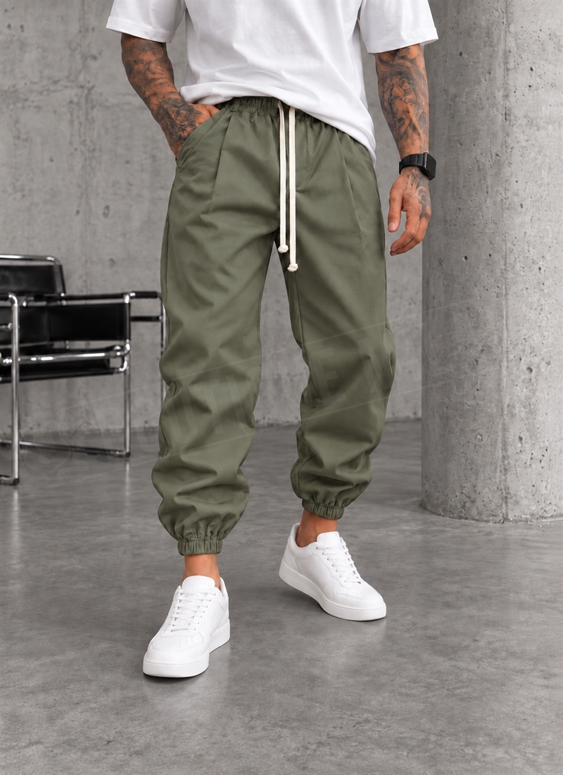 Pantaloni barbatesti sport verde maslin cu talie elastica si snur P19209-2