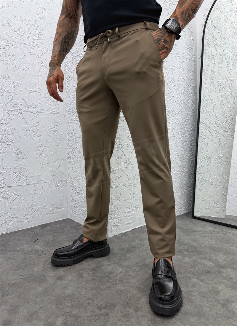 Pantaloni barbatesti maro smart-casual cu snur in talie P9417-3