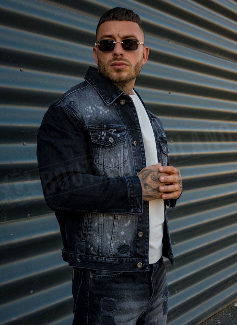 Geaca barbateasca denim negru cu stropi si efect de decolorare D1332