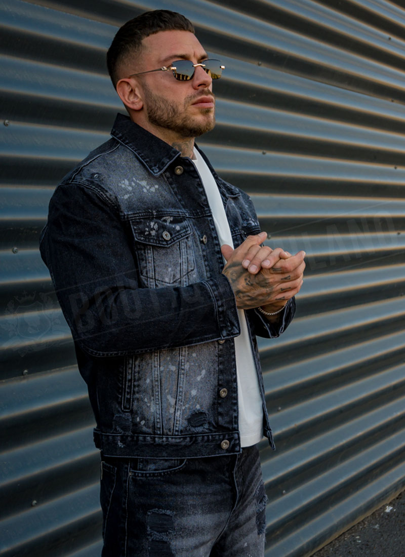 Geaca barbateasca denim negru cu stropi si efect de decolorare D1332