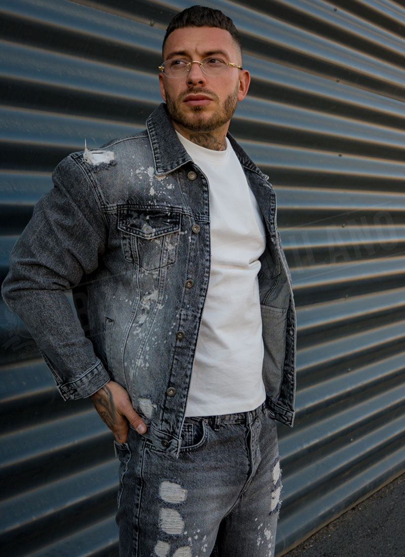 Geaca barbateasca denim gri cu stropi si efect de uzura D1331